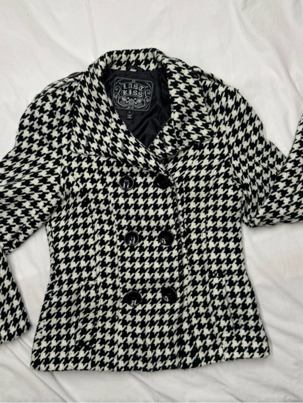 Women’s Last Kiss Black White Houndstooth Coat Pea Coat Size Medium